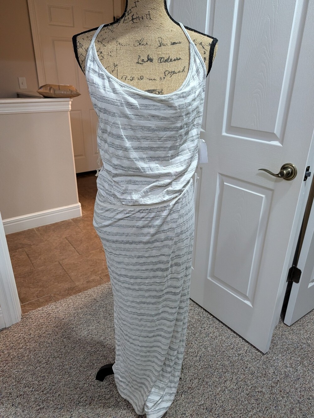 Michele White and Gray Striped Maxi Dress